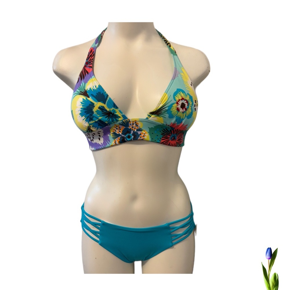 Victoria's Secret Bikini Set Blue and floral Set with Strappy Details 2 pieces